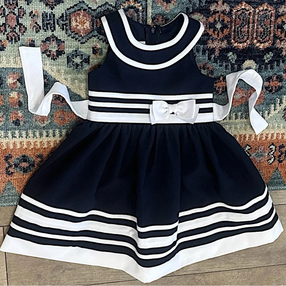New Bonnie Jean Navy and White Formal Dress with Bow 3T Toddler Girl VTG Style